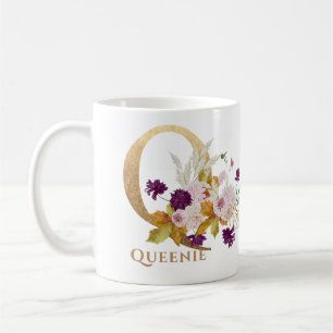 Caneca De Café Letra Q - Nome Floral Dourado amigo colega de trab