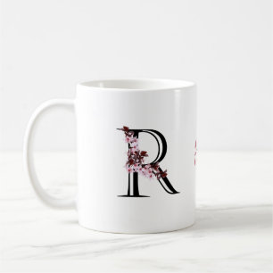 Caneca De Café Letra R, Cherry Blossom   Monograma Script Name Co
