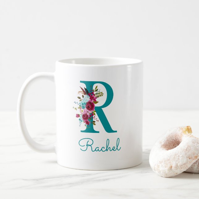 Caneca De Café Letra R Floral Rosa Turquesa (Com Donut)