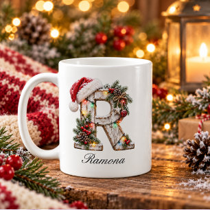 Caneca De Café Letra R Monograma de Natal Festivo Rústico