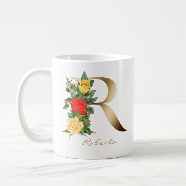 Caneca De Café Letra R Monograma Dourado Rosas vermelhas Amarelas (Esquerda)
