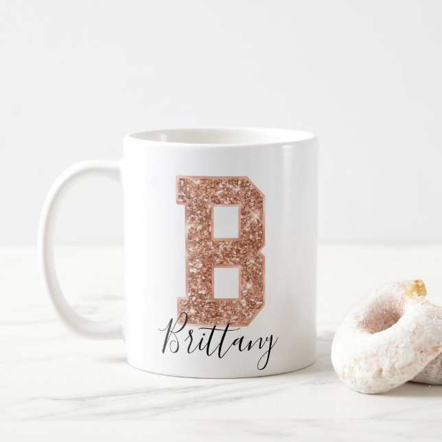 Caneca De Café Letra rosa Dourada Glitter Varsity Monograma B (Com Donut)