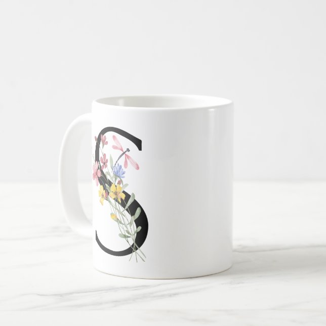 Caneca De Café Letra S com flores (Frente Esquerda)