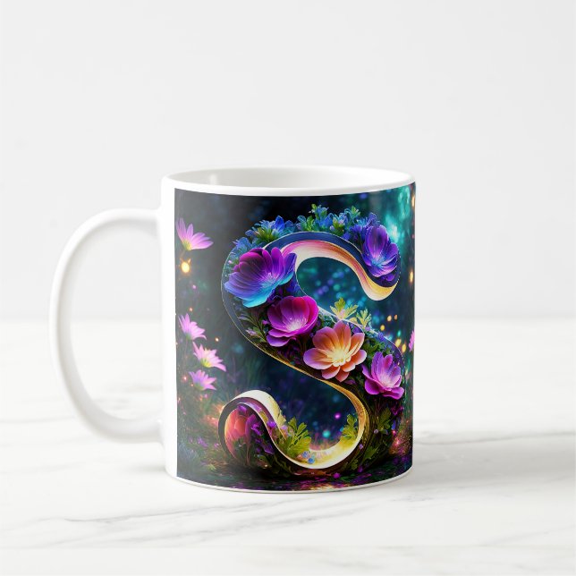 Caneca De Café Letra S floral brilhante (Esquerda)