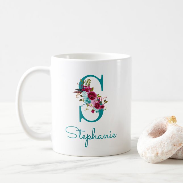 Caneca De Café Letra S Floral Verde Azul Rosa (Com Donut)