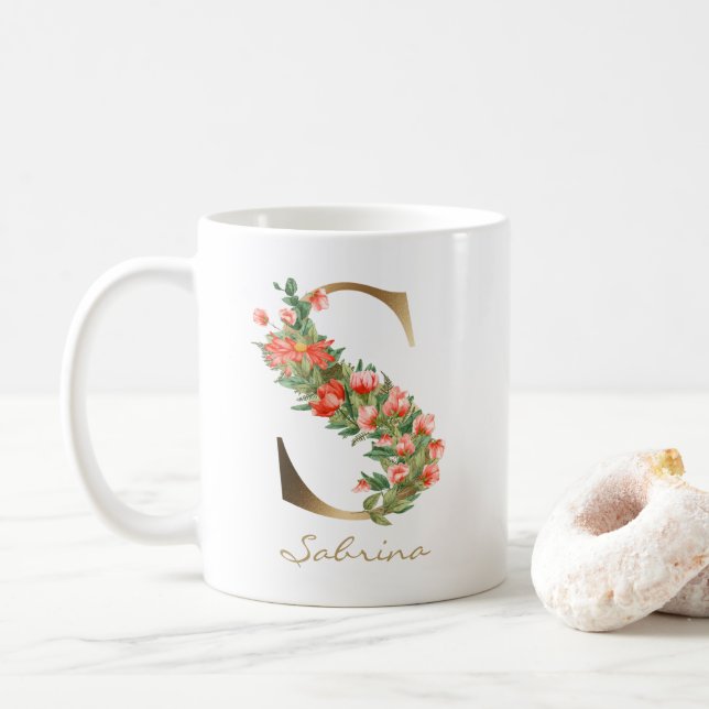 Caneca De Café Letra S Monograma Dourado Florais Laranja (Com Donut)