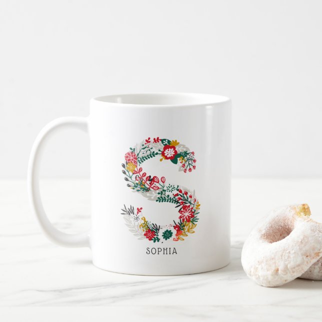 Caneca De Café Letra S | Whimsical Floral - Letra Monograma I Mug (Com Donut)