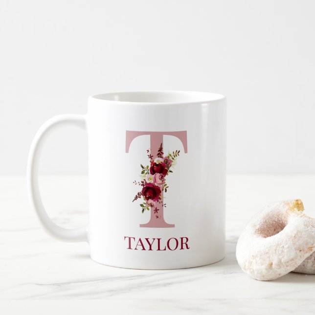 Caneca De Café Letra T Burgundy Blush Floral (Com Donut)