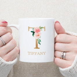 Caneca De Café Letra T Dourada Monograma | Floral Rosa Branco Ver