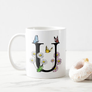 Caneca De Café Letra U Floral Borboleta Monograma Inicial   