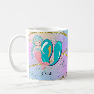 Caneca De Café Letra U Monograma, Forma de Água, Sereia de Sereia