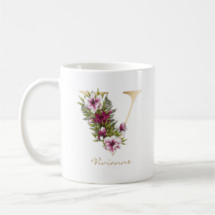 Caneca De Café Letra V Monograma Dourado Marsala White Florals