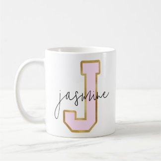 Caneca De Café Letra Versity Coluna Dourada rosa Monograma J