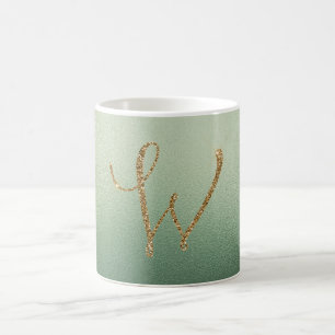 Caneca De Café Letra W Brilho Dourado Verde Oliva