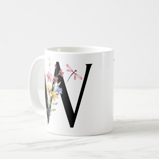 Caneca De Café Letra W com flores (Frente Esquerda)
