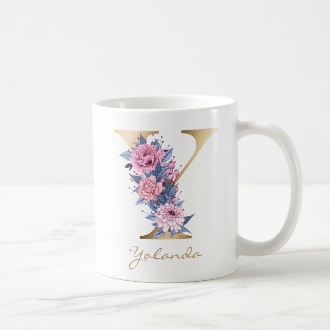 Caneca De Café Letra Y Monograma Dourado Cor-de-rosa azul (Direita)