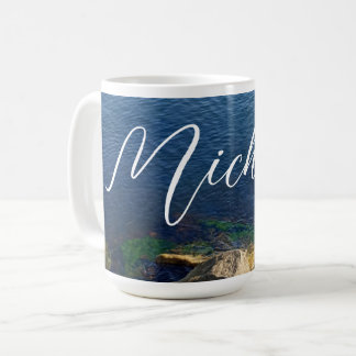 Caneca De Café Letras de Fluxo do Nome Personalizado de Foto do O