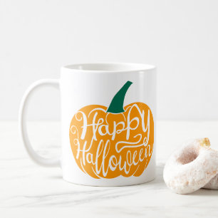 Caneca De Café Letras Feliz Halloween em abóbora esculpida