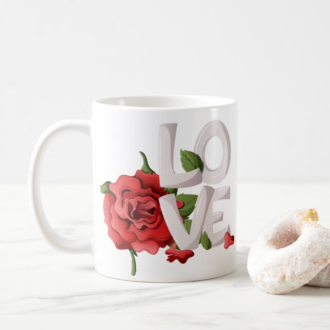 Caneca De Café Letreiro de Amor em Negrito com Folhagem de Rosa V (Com Donut)