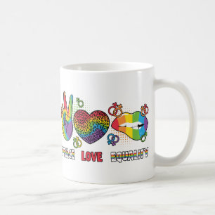 Caneca De Café LGBTQ - Paz, Amor, Igualdade - Cores Arco-íris