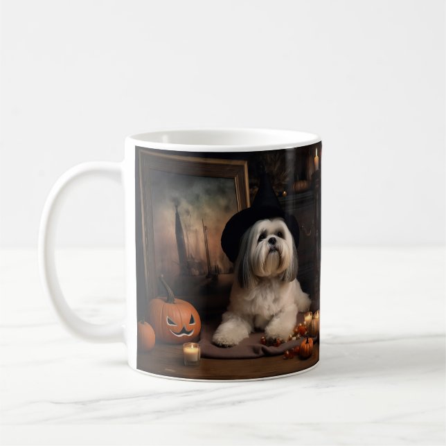 Caneca De Café Lhasa Apso Pumpkins Halloween Scary (Esquerda)