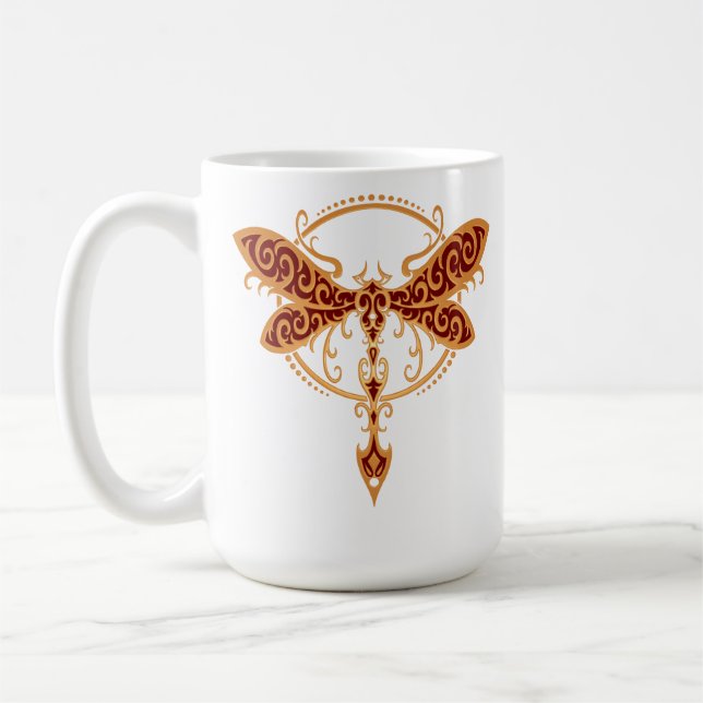 Caneca De Café Libélula tribal vermelha dourada (Esquerda)