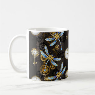 Caneca De Café Libélulas Steampunk em fundo listrado marrom