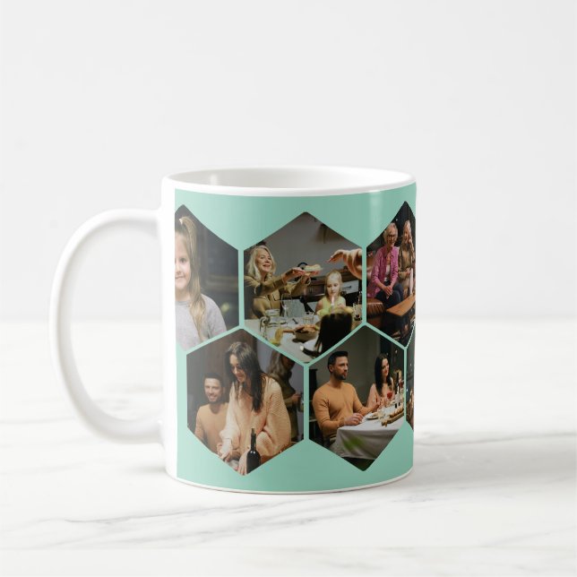 Caneca De Café Light Teal Geometric Hexagon Photo Collage  (Esquerda)