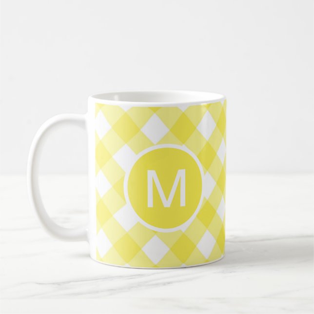Caneca De Café Light Yellow Classic Gingham Pattern Monogram (Esquerda)