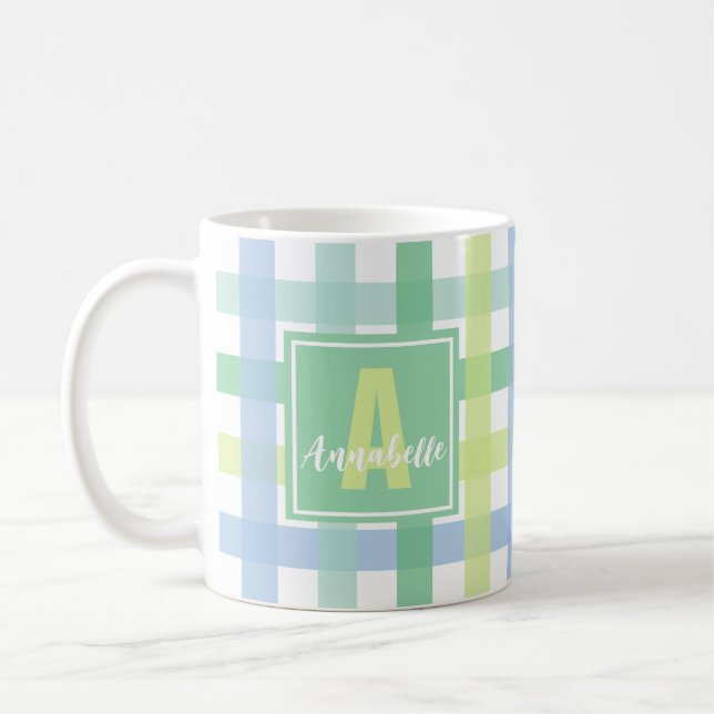 Caneca De Café Limão Verde Azul Pastel Moderno Gingham Monograma (Esquerda)
