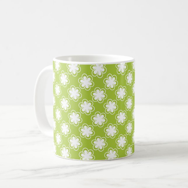 Caneca De Café Lime Green and White Flower Pattern (Frente Esquerda)