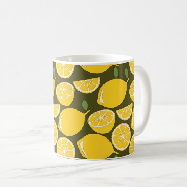 Caneca De Café Limões Amarelos & Padrão Verde Oliva: Citrino Mode (Frente Esquerda)
