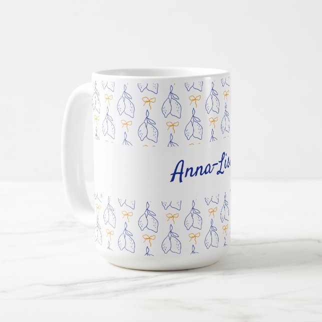 Caneca De Café Limões Azuis Italianos Desenhados À Mão Personaliz (Frente Esquerda)