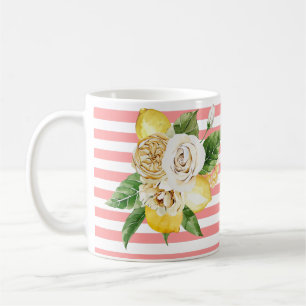 Caneca De Café Limões e rosas em listras cor-de-rosa