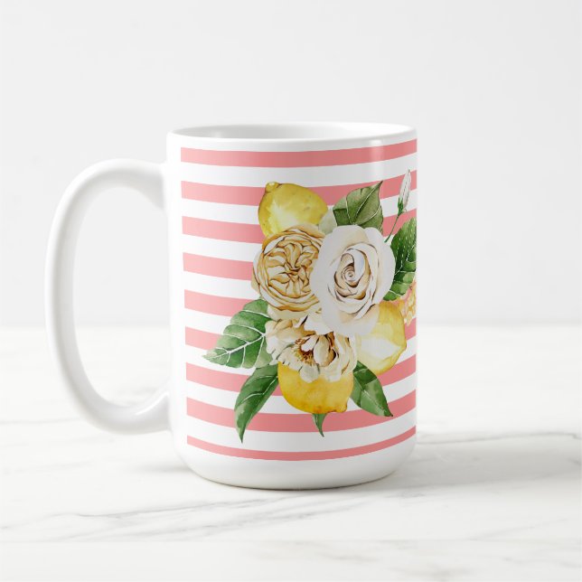 Caneca De Café Limões e rosas em tiras cor-de-rosa (Esquerda)