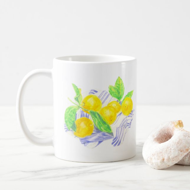 Caneca De Café Limões Meyer em toalha de cozinha (Com Donut)
