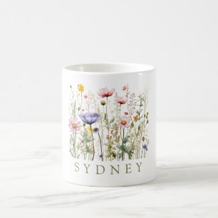 Caneca De Café Linda Aquarela Jardim Botânico de Flor Selvagem