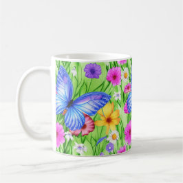 Caneca De Café Linda Borboleta Azul com flores Aquarela
