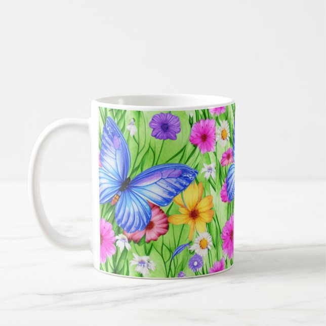 Caneca De Café Linda Borboleta Azul com flores Aquarela (Esquerda)