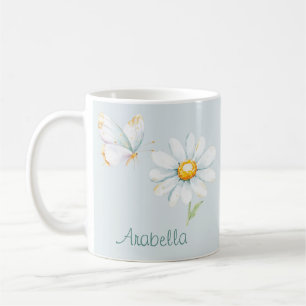 Caneca De Café Linda Borboleta e Margarida em Aquarela Pastel