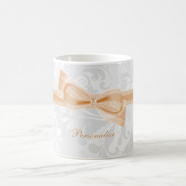 Caneca De Café Linda Faux Bow & Ribbon & Damask em Pêssego (Centro)