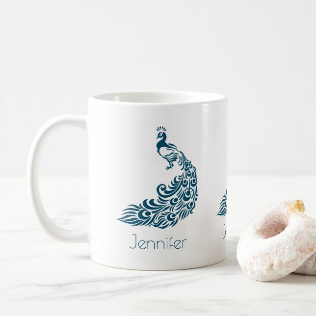 Caneca De Café Linda Ilustração Pavão Azul Personalizada (Com Donut)