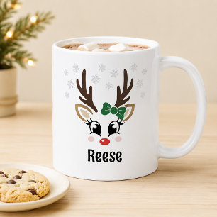 Caneca De Café Linda Menina Rena com Laço Verde e Floco de Neve