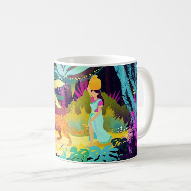 Caneca De Café Linda mulher caminhando pela selva com leopardo (Frente Esquerda)