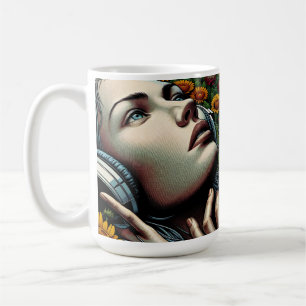 Caneca De Café Linda mulher com Fones de ouvido em girassóis