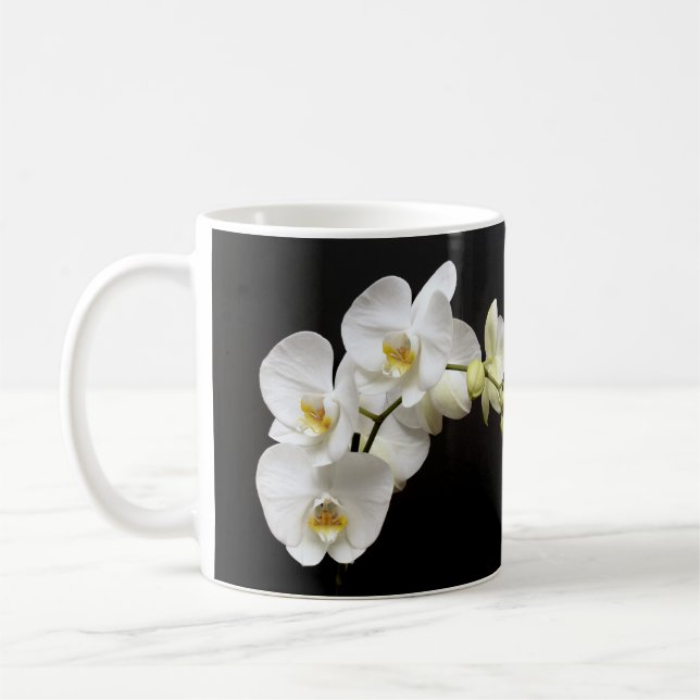 Caneca De Café Linda Orquídea Branca com Fundo Negro (Esquerda)