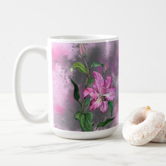 Caneca De Café Linda pintura rosada rosa-lírio, flor magra (Com Donut)