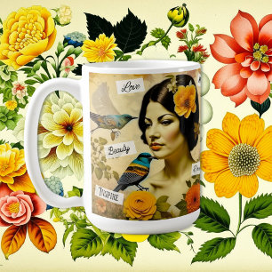Caneca De Café Linda Vintage Mulher com Aves e Flores