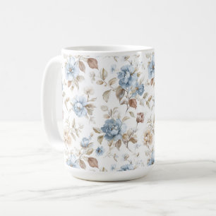 Caneca De Café Lindas Flores Azuis Creme Bege Marrom