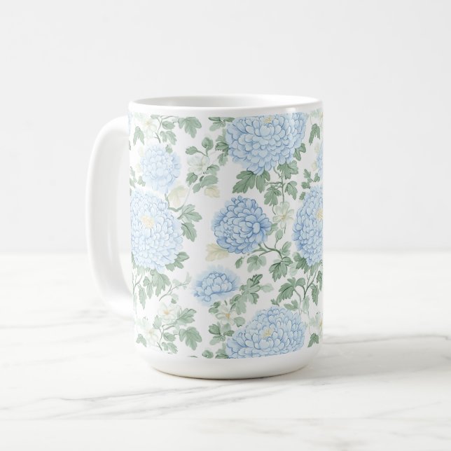 Caneca De Café Lindas Flores Brancas Azul Claro   (Frente Esquerda)